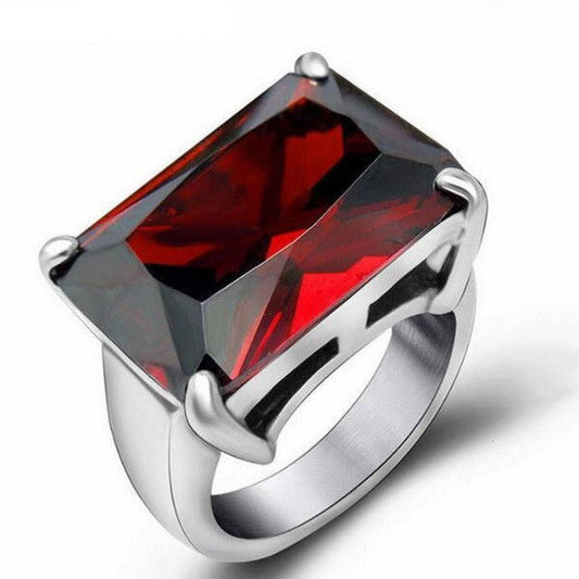 Elegant rectangle stainless steel red ring