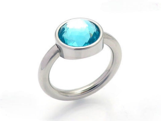 Delicate stainless steel round light blue stone ring